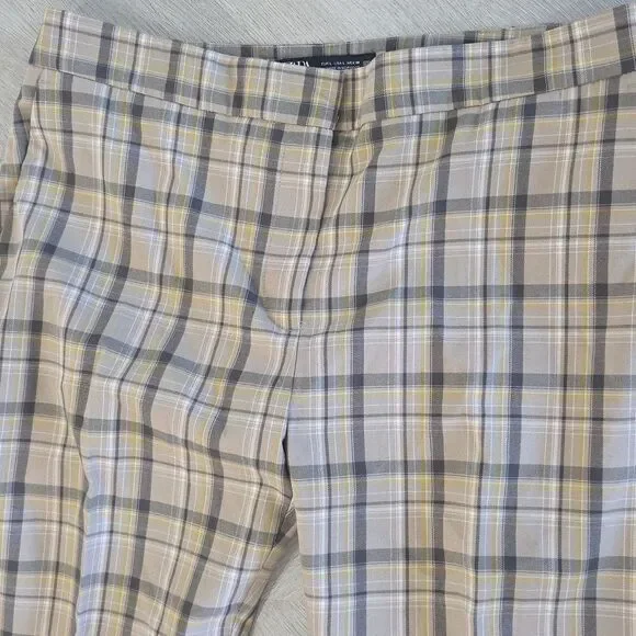 Zara Tartan Plaid Pants Womens L Tan Check Trousers Side Vents Leg Slit Academia - Picture 4 of 9